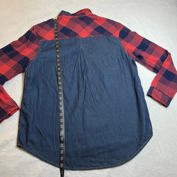 BDG Women's Mixed Media Plaid Flannel Denim Button Up Shirt Size Large Casual - Picture 8 of 9